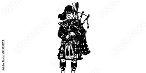 Traditional Scottish bagpiper musician in kilt, cultural heritage performance, bagpipes music, Highland attire, Celtic festival celebration, marching band parade illustration