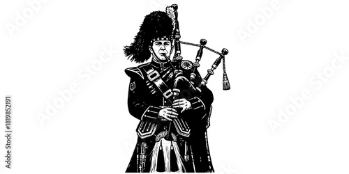 Traditional Scottish bagpiper musician in kilt, cultural heritage performance, bagpipes music, Highland attire, Celtic festival celebration, marching band parade illustration