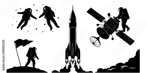 Black and white space exploration silhouettes of astronauts floating, planting flags, operating satellite, and a rocket launching in space