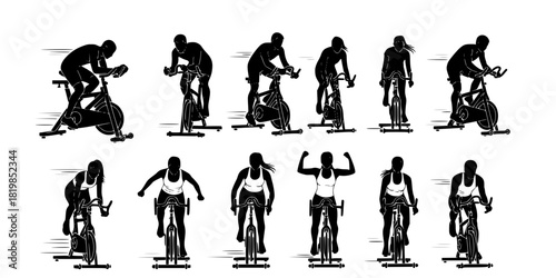 Indoor Cycling Silhouettes – Stationary Bike Workout, Spin Class Poses, Gym Cardio Training, Fitness Exercise Vector Illustration Set