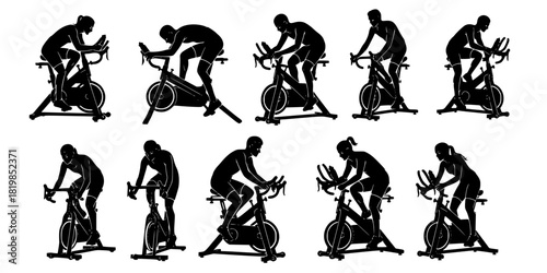 Indoor Cycling Silhouettes – Stationary Bike Workout, Spin Class Poses, Gym Cardio Training, Fitness Exercise Vector Illustration Set
