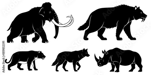 Prehistoric and modern animal silhouettes, mammoth saber‑toothed cat bear wolf rhino, megafauna art, vector illustration, wildlife icon, nature design, extinct species, ice age fauna