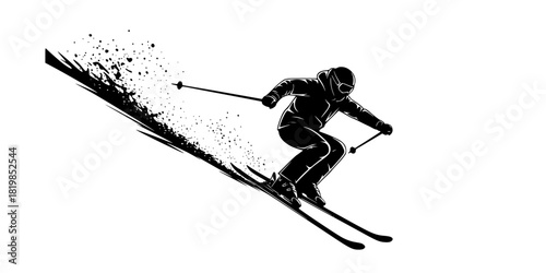 Dynamic skiing silhouette, skier in motion, winter sports action, alpine skiing, extreme sport, ski poles, downhill skiing, snow adventure.