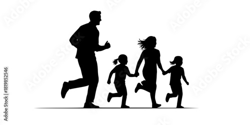 Running family silhouettes, fitness activity, healthy lifestyle, parent and child jogging, black vector art, outdoor exercise, bonding momentRunning family silhouettes