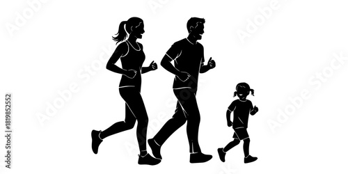 Running family silhouettes, fitness activity, healthy lifestyle, parent and child jogging, black vector art, outdoor exercise, bonding momentRunning family silhouettes