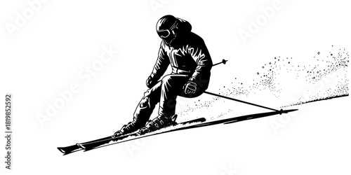 Dynamic skiing silhouette, skier in motion, winter sports action, alpine skiing, extreme sport, ski poles, downhill skiing, snow adventure.