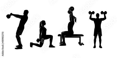 Four exercise silhouettes — kettlebell swing, seated dumbbell shoulder press, lunge with dumbbell, standing dumbbell shoulder press, fitness training illustration set 