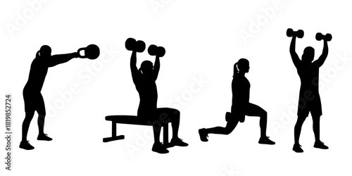 Four exercise silhouettes — kettlebell swing, seated dumbbell shoulder press, lunge with dumbbell, standing dumbbell shoulder press, fitness training illustration set 