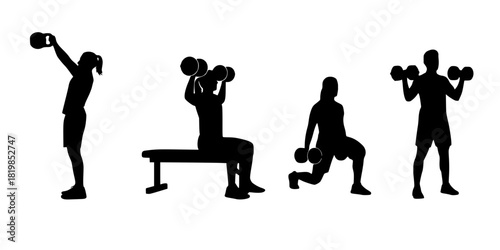 Four exercise silhouettes — kettlebell swing, seated dumbbell shoulder press, lunge with dumbbell, standing dumbbell shoulder press, fitness training illustration set 