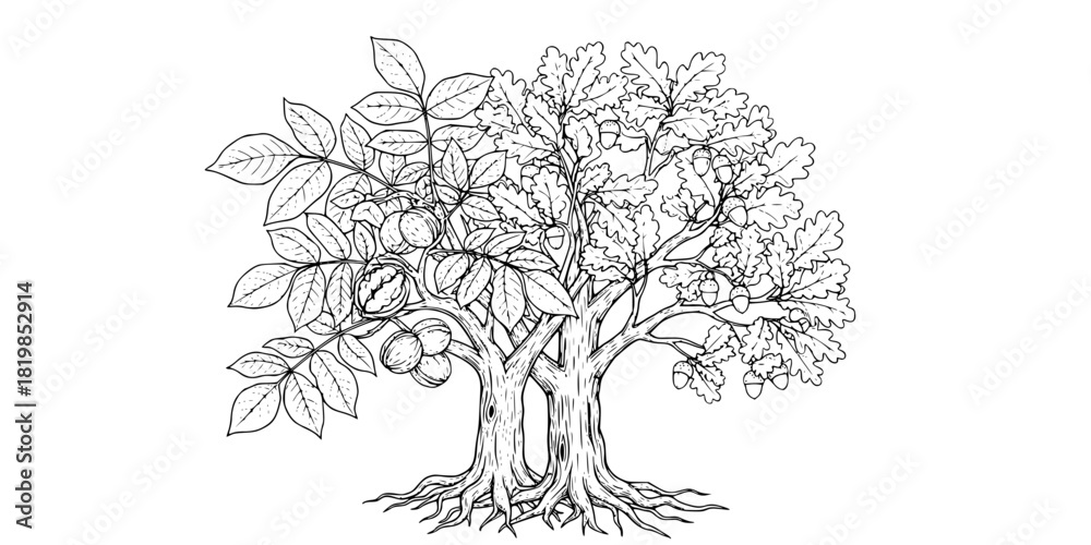 Obraz premium Green walnut tree and oak tree illustration, nature vector art, botanical design, forest plants, leafy trees, fruit-bearing trees, eco-friendly graphics, natural elements