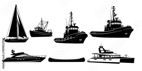 Set of various boat and ship silhouettes including sailboat, fishing boat, tugboat, yacht, canoe, and catamaran vector
