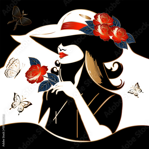 Stylized illustration of a girl in a hat and butterflies.Vector stylized illustration of a girl in a hat, red roses and butterflies.