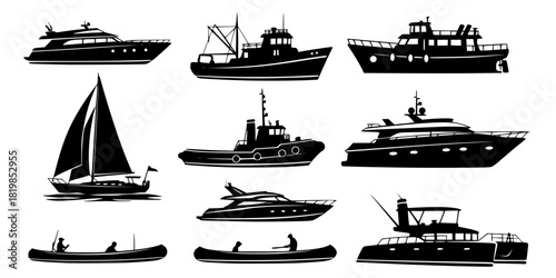 Set of various boat and ship silhouettes including sailboat, fishing boat, tugboat, yacht, canoe, and catamaran vector