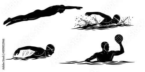 Swimming and water sports silhouettes, swimmer diving, freestyle, butterfly stroke, water polo player, pool, athletic aquatic sports vector set