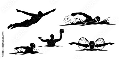 Swimming and water sports silhouettes, swimmer diving, freestyle, butterfly stroke, water polo player, pool, athletic aquatic sports vector set