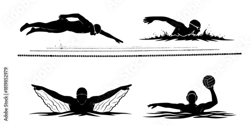 Swimming and water sports silhouettes, swimmer diving, freestyle, butterfly stroke, water polo player, pool, athletic aquatic sports vector set