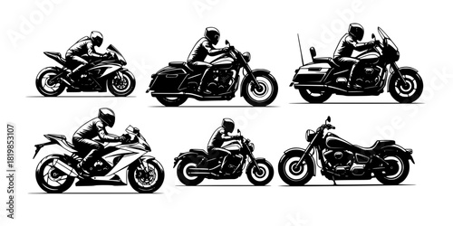 Silhouettes of motorcycles with riders in varied styles, sport bike, touring, cruiser designs, dynamic riding postures, creative transportation concept art