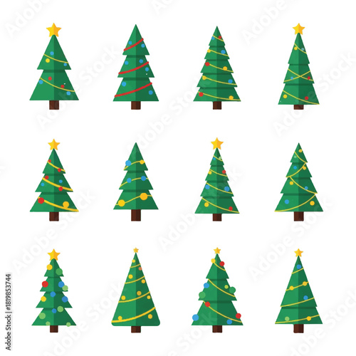 Collection of Festive Christmas Trees with Decorations and Star Toppers.