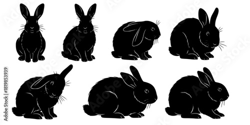 Rabbit silhouette collection, sitting poses, bunny illustration set, animal posture study, black silhouette art, wildlife design, rabbit breed reference, pet artwork