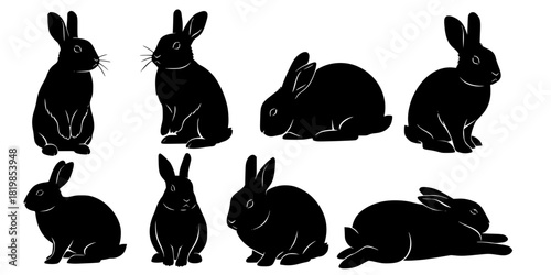 Rabbit silhouette collection, sitting poses, bunny illustration set, animal posture study, black silhouette art, wildlife design, rabbit breed reference, pet artwork