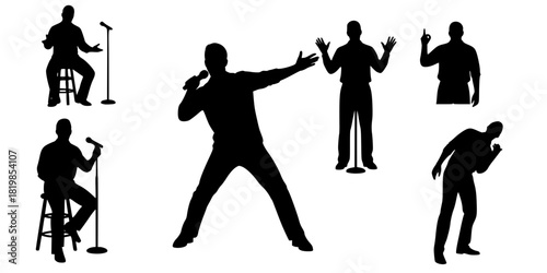 Silhouette performer with microphone, stand‑up comedy poses, public speaking gestures, seated and standing expressions, entertainment stage show illustration design artwork