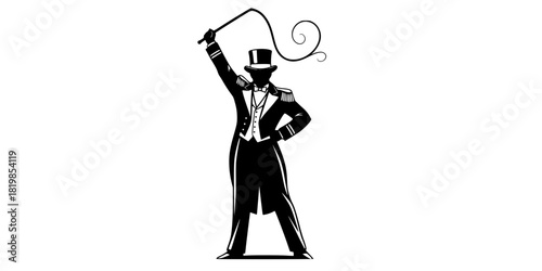 Ringmaster silhouette illustration with top hat and whip, circus leader poses, performance character design, theatrical authority figure artwork sequence