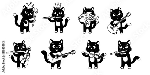 Cartoon black cat character illustrations playing musical instruments, crown, fish, guitar, violin, flute, whimsical animal artwork design sequence