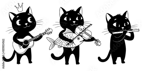 Cartoon black cat character illustrations playing musical instruments, crown, fish, guitar, violin, flute, whimsical animal artwork design sequence