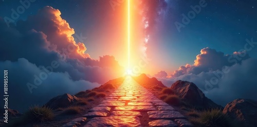 A radiant light beams down from above, illuminating a path leading upwards, symbolizing the journey to spiritual liberation and the promise of eternal peace , gospel, purity, hope