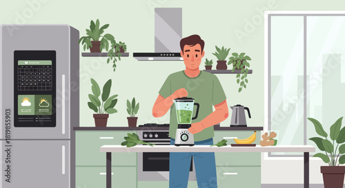 Man preparing healthy green smoothie in modern kitchen filled with plants