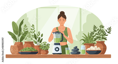 Wellness advocate blending a green smoothie surrounded by nature's bounty