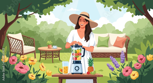 Joyful woman blending refreshing smoothie in sun-drenched garden oasis scene