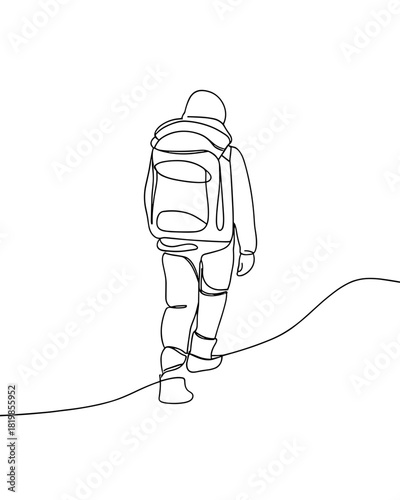 Person hiking with a backpack on a winding trail in a minimalist style  