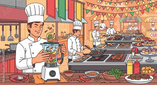 A Culinary Symphony: Chefs Preparing Delicious Dishes in a Vibrant Food Festival