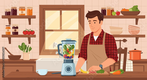 Preparing healthy smoothie in a kitchen setting, creating a vibrant mix of fruits