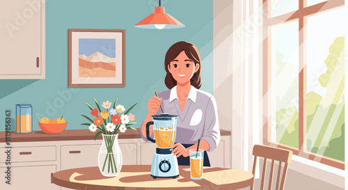 Joyful woman crafting a healthy smoothie in her sun-drenched kitchen setting