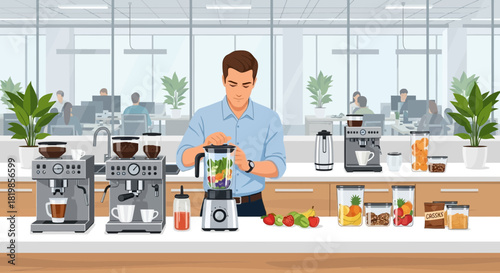 Man prepares a refreshing smoothie in the office kitchen, enhancing health during workday