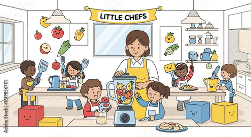 Enchanting scene of children joyfully learning to cook in a vibrant and delightful setting