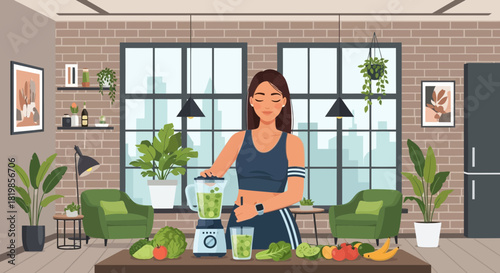 Healthy woman preparing a green smoothie in the kitchen for a balanced diet