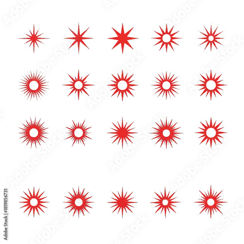Collection of Red Starburst Shapes on White Background.