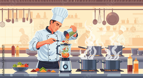 Culinary Creations: A Chef's Precision in Blending Flavors within a bustling kitchen