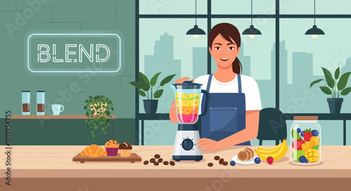 Female chef prepares a vibrant fruit smoothie in her stylish kitchen with blend sign