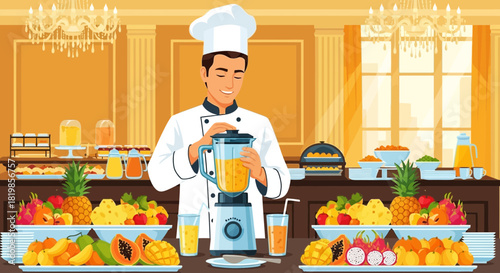 Chef prepares a refreshing tropical smoothie at an upscale brunch buffet service