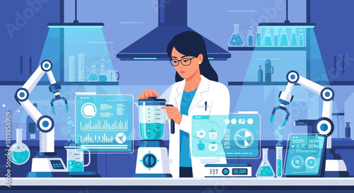 Futuristic medical research lab with scientist, augmented reality interfaces and robots