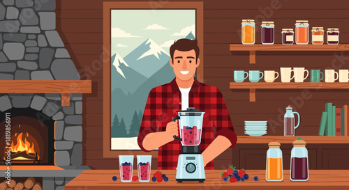 Man preparing healthy berry smoothie inside cozy wooden cabin with fireplace