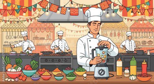 Bustling culinary scene featuring chefs preparing meals amidst festival decor