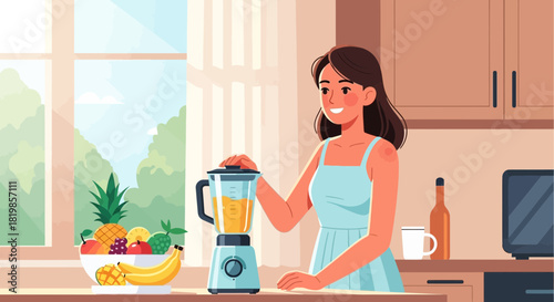 Vibrant morning scene: Woman preparing refreshing smoothie in sunlit kitchen