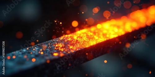 Close-up of a glowing hot metal bar, radiating intense heat, sparks flying Perfect for illustrating concepts of temperature, energy transfer, and metallurgy , furnace, glowing