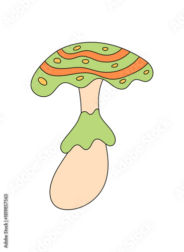 Groovy retro psychedelic mushroom sticker cartoon in funky magic colorful style. Vibrant shroom adds y2k charm as a groovy element, perfect for playful sticker art or a trendy cartoon accent.