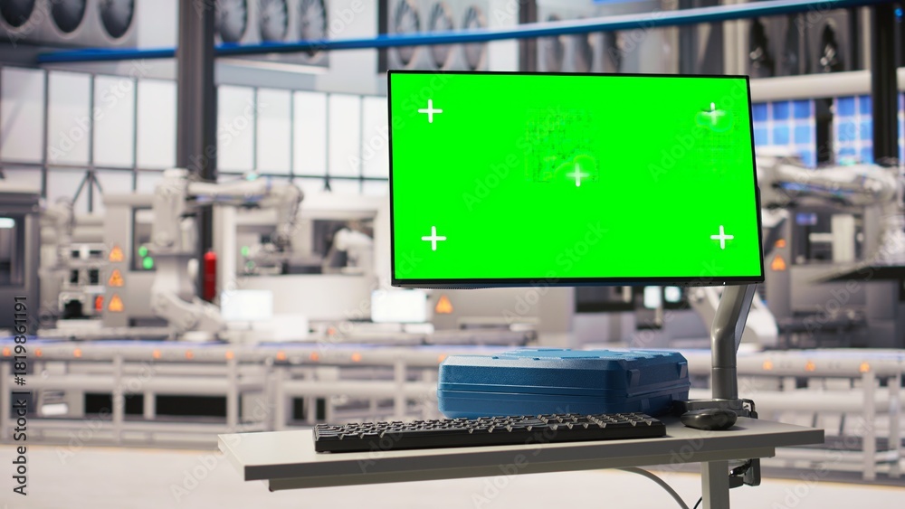 Fototapeta premium Green screen monitor in industry 4.0 smart industrial plant equipped with advanced sensors used to check production equipment performance. Robotics software on chroma key screen in smart factory